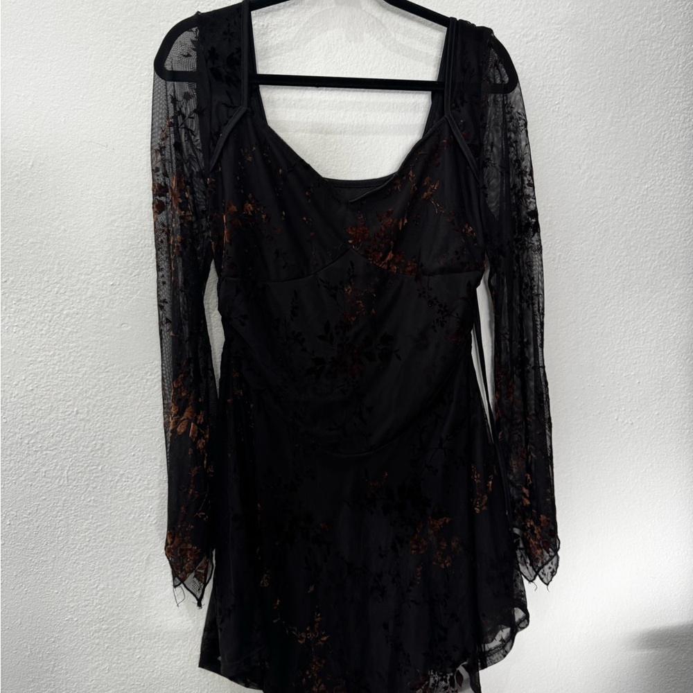 Black Floral Mesh Long-Sleeve Dress with Copper Accents